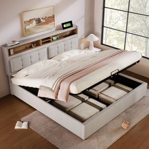 Flieks Čalúnená posteľ 160x200 cm s USB a zásuvkami, posteľ Boxspring Manželská posteľ s úložným priestorom, úložná posteľ pre mladých s lamelovým roštom, posteľná bielizeň, béžová