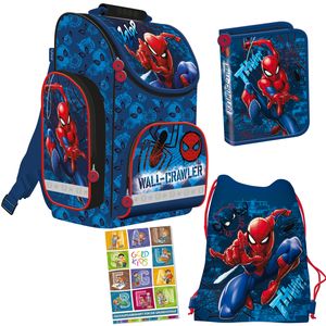 Schulranzen Set Spiderman Marvel Ranzen Federmappe Turnbeutel Aufgabenheft für die Grundschule 4er Set. Geeignet ab der ersten Klasse der Grundschule