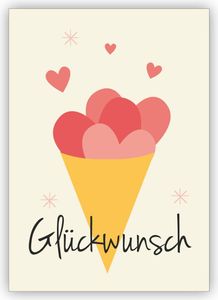 Schöne Glückwunschkarte zum Geburtstag, Examen, Abitur oder Einschulung mit einer Tüte voll Herzen: Glückwunsch