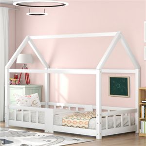 Jopassy Kinderbett Hausbett Rausfallschutz Robuste Lattenroste Kiefernholz Haus Bett for Kids  90 x 200 cm ohne Matratze  weiß