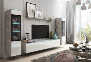 Wohnwand VIPER II, Wohnzimmer-Set, Schrankwand, Stilvoll Anbauwand, weiß glanz/beton, ohne LED
