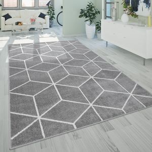 Wohnzimmer-Teppich, Kurzflor Im Skandi-Stil Mit Rauten-Muster, In Grau, Grösse:160x220 cm