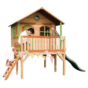 AXI Spielhaus Sophie mit grüner Rutsche | Stelzenhaus in Braun & Grün aus  Holz für Kinder | Spielturm mit Wellenrutsche für den Garten