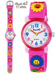 Pacific Time Kinder Armbanduhr Mädchen Uhr rosa Blumen Silikonarmband 20042