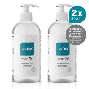 LinkDes® Antiseptik Gel (2x 500 ml), Desinfektionsgel für Hände,  getestet, bestätigte Wirksamkeit gemäß EN 14476