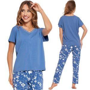 Moraj Damen Schlafanzug mit Spitze Kurzarm + Pyjamahose Viskose 4700-010, Farbe: Blau, Große: M