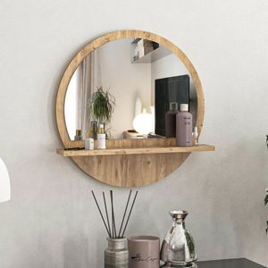 Yurupa Spiegel mit Regal,Runder Wandspiegel 45 x 45 cm,Flurspiegel,Badspiegel,Badezimmerspiegel,für Wohnzimmer Diele Schlafzimmer Büro,Modernes Design RK-AT