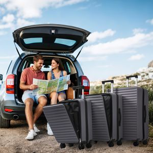 MODFU Trolleys Třídílná sada kufrů (M, L, XL) Cestovní kufr, Skořepinový kufr, Sada kufrů, TSA zámek, se skládacím držákem na nápoje, ABS materiál, antická šedá