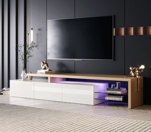 Fortuna Lai TV-Lowboard weiß hochglanz mit LED-Beleuchtung, 2 Glasablagen und 2 offenen Fächern, TV-Schränke Fernsehtisch Wohnzimmerschränke, 200cm, Schwarz/Natur