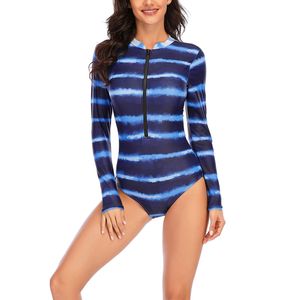 Damen Badeanzug Rashguard Einteiler Langarm UV-Schutz Surfen Bademode,Farbe:Blau,Größe:XXL