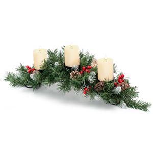 COSTWAY Adventskranz Künstlicher Kerzenhalter Weihnachten, Weihnachtsgirlande mit 3 Kerzenständer & Tannenzapfen & Roten Beeren & Metallsockel, Tischdeko Weihnachtsdeko für Kamin Tisch