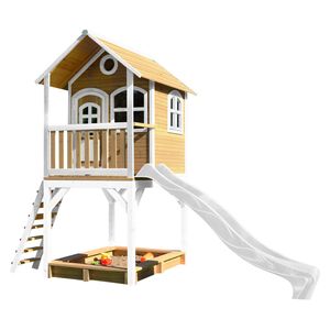AXI Spielhaus Sarah mit Sandkasten & weißer Rutsche | Stelzenhaus in Braun & Weiß aus  Holz für Kinder | Spielturm mit Wellenrutsche für den Garten