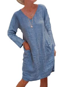 Damen Baumwolle Leinen V-Ausschnitt Langarm Mittellanges Kleid T-Shirt,Farbe: Blau,Größe:M