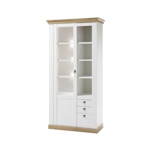 Landhaus Vitrinenschrank LINARES-61 in Pinie weiß / Wotan Eiche Nb. inkl. LED - B/H/T ca.: 102/204/44 cm