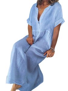 Damen Kurzarm Lose Maxikleider V-Ausschnitt Blusenkleider Baumwolle Hanf Übergroßes Kleid Himmelblau,Größe 2Xl