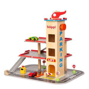 boppi – Spielzeug Auto Parkgarage. Parkhaus für Kinder inkl. 2 Autos und Hubschrauber, Verkehrszeichen, Tanksäule und 3-stöckigem Lift aus Holz