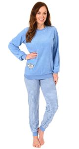 Damen Frottee Pyjama Schlafanzug mit Bündchen und süsser Tier Applikation - 202 201 13 110, Farbe:hellblau, Größe:36/38