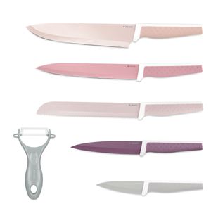 Navaris Messer Set 6-teilig inkl. Schäler - 5x Edelstahl Küchenmesser und 1x Keramik Gemüseschäler - Fleischmesser Brotmesser - Messerset bunt