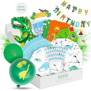 LITTLE BIRTHDAY Dino Mottobox Kindergeburtstag Deko für 8 Kinder, Party Set, inkl. Einladungskarten, Tischdeko, Raumdeko, Kuchendeko, Tütchen