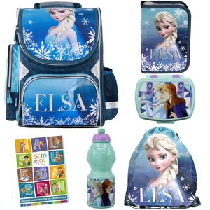 Schulranzen für Jungen und Mädchen, 6er-Set - Schul-Rucksack für Kinder mit Federmäppchen - Schuhbeutel und Hausaufgabenheft - Elsa Frozen Motiv