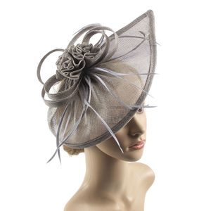 Frauen Fascinator Stirnband Feder Mesh Blume Einfarbig Vintage Bowler Hut Hochzeit Haarspange Tea Party Hut für Abschlussball Bankett-Grau