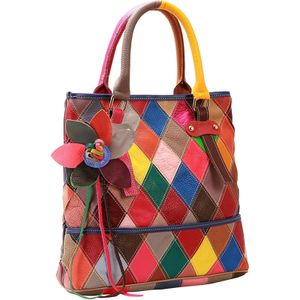 Leder Mehrfarbige Patchwork-Taschen Top-Griff Umhängetasche Schultertasche Top-Griff Handtasche Quaste Fransen