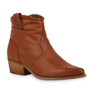 Mytrendshoe Damen Stiefeletten Cowboy Boots Booties Western Schuhe 832447, Farbe: Hellbraun, Größe: 36