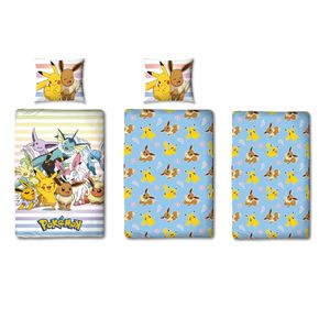 Pokemon Bettwäsche Set 3-teilig 135x200 80x80 cm mit Spannbettlaken 90x200 cm buntes Motiv mit Pikachu & Friends aus 100% Baumwolle