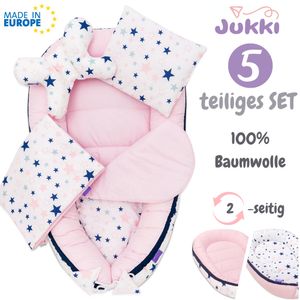 JUKKI® Baby Nestchen ✨ 5tlg BAUMWOLLE SET für Neugeborene [Sugar Stars] 2seitig 100x55cm Babynest + Matratze + Decke + 2xKissen