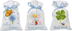 Vervaco Kräutertütchen Kreuzstich Set "Wünsche" 3er Set, Zählmuster, 8x12cm
