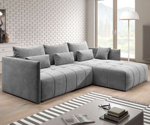 FURNIX Yalta Eckcouch L-Form  Couch Sofa Schlafsofa mit Schlaffunktion Bettkasten und Kissen modern Hellgrau MH 85