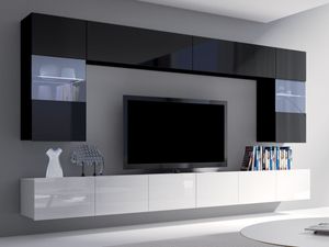 Moderne Wohnwand CALABRINI-1 Wohnzimmer-Set Hängewohnwand Schrankwand mit LED-Beleuchtung Hochglanz TV-Schrank Anbauwand (Schwarz + Weiß)