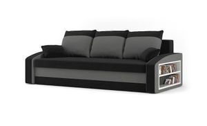 Couch HEWLET 220x90 mit REGAL RECHT und Schlaffunktion - Schlafcouch mit Bettkasten - STOFF HAITI 17 + HAITI 14 Schwarz&Grau