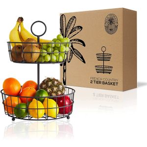 REGAL TRUNK & CO. 2-stöckiger Obstkorb – French Country Wire Baskets von | Drahtkorbständer mit zwei Ebenen | Abgestufter Obstkorb für die Arbeitsplatte oder zum Aufhängen | Metallischer Rahmen