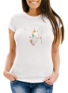 Damen T-Shirt Einhorn mit Pusteblume Unicorn with Dandelion Slim Fit Moonworks® weiß XXL