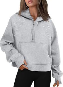 ASKSA Damen Kapuzenpullover Kurze Halbem Reissverschluss Sweatshirt Fleece Hoodie, Grau, XL