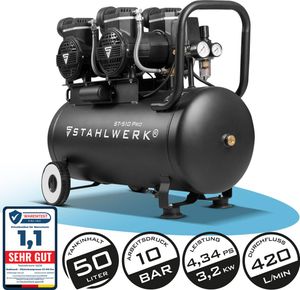STAHLWERK Kompressor 50 L Tank - ölfrei & leise | 10 bar | 4,3 PS | 3,2 kW | 420 l/min | Druckluftkompressor mit Brushless-Motoren | Flüsterkompressor