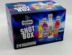 Puschkin Shot Box (24x0,02l) 17,5%vol. - Nuts & Nougat, Passionfruit Yuzu, Blueberry, Watermelon je 6x0,02l