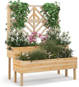 COSTWAY Kvetinový box s mriežkou z jedľového dreva, záhradná mriežka s 2 mriežkovými boxmi, sadbovač pre popínavé rastliny, vyvýšený záhon s mriežkou a drenážnym otvorom, kvetináč pre balkón na záhradnom dvore, príroda