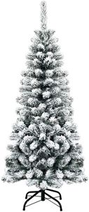 COSTWAY 135cm Bleistift Weihnachtsbaum mit Schnee, künstlicher Tannenbaum mit Metallständer, Christbaum PVC Nadeln, Kunstbaum Weihnachten Klappsystem Grün