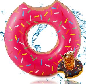 XXL Aufblasbarer pink angebissener Donut mit Biss Schwimmring Schwimmreif Luftmatratze Schwimmkissen für Pool, mit 1x aufblasbaren Getränkehalter für Cocktails, Getränke uvm.