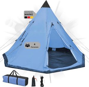DELUKE® Campingzelt 4 Personen TIPI blau | regenfest, atmungsaktiv | Tipi Pyramidenzelt Familienzelt für 4 Personen Gruppenzelt Zelt Camping Zelt Outdoor Zelten