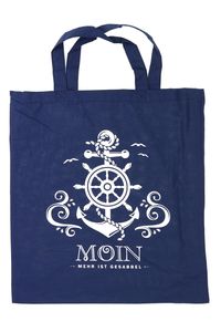 Maritime „Moin“ Baumwolltasche/Jutebeutel/Stofftasche dunkelblau mit einseitig bedrucktem Anker 38x42cm, Einkaufstasche Tasche Tragetasche