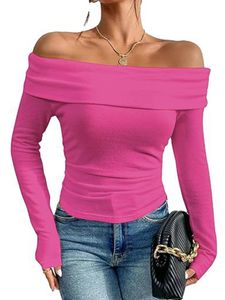 Damen Langarmshirts Pullover Slim Fit Bluse Casual Off Shoulder T-Shirt Leicht Shirt Rosa,Größe L