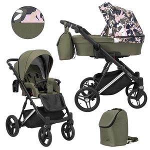 Kinderwagen LAZZIO PREMIUM Sportwagen Babywagen Babyschale Komplettset Kinder Wagen Set 2 in 1 (Olive + Blumen, Rahmenfarbe: Silber)