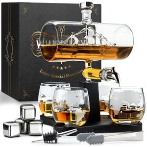 Whisiskey - Whisky Karaffe - Dekanter - Segelschiff - Whiskey Set - 1000ML – Geschenke für Männer -  Inkl. 4 Edelstahle Whisky Steine, 4 Whisky Gläser, Zapfhahn & Ausgießer  – Whiskygläser