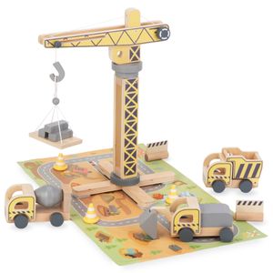 Baustellen-Set mit drehbarem Kran und Holzfahrzeugen – Spielset für Kinder Baustellen-Set mit drehbarem Kran und Holzfahrzeugen – Spielset für Kinder