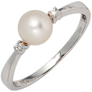 Gr. 62 Damen Ring 585 Gold Weißgold 1 Süßwasser Perle 2 Diamanten Brillanten Perlenring