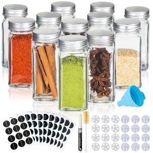 12-teiliges Gewürz-Aufbewahrungsset mit Gläsern, Aluminiumdeckeln und Zubehör für langanhaltende Frische und Ordnung in der Küche - Komplettes Aufbewahrungsset für Gewürze - BPA-frei und lebensmittelecht
