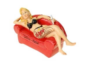 Spardose Tattookasse Tätowiererin auf Sofa 18 cm Tattoo Girl tätowieren Poly bunt Sparschwein